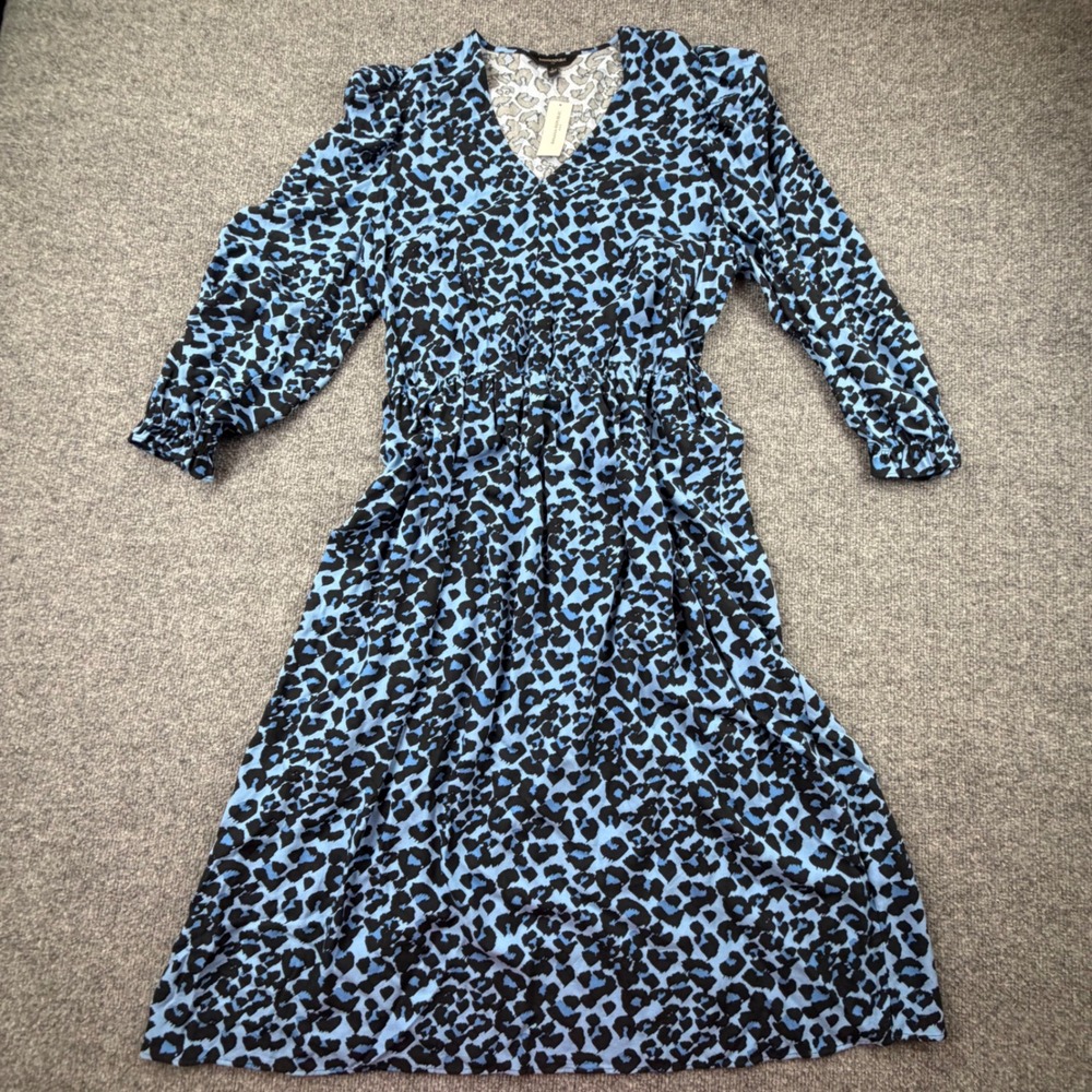 Banana Republic Blue Leopard Print Viscose V-Neck Midi Dress Puff Sleeve L NWT - Picture 2 of 10